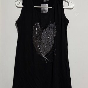 Elegant Black Tank Top with Silver Feather Design